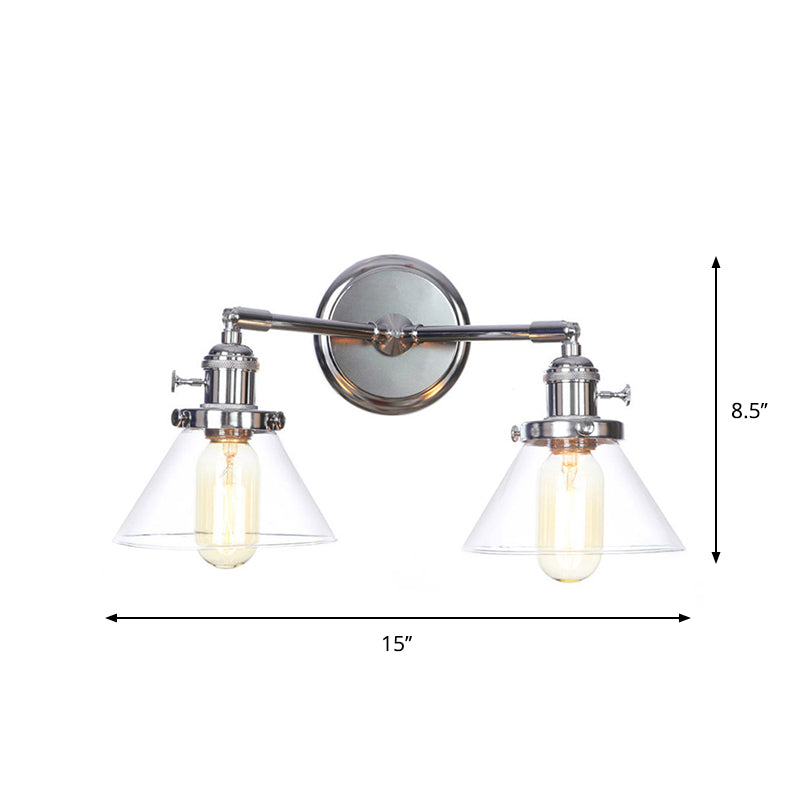 Industrial Style Chrome Wall Sconce with Clear Glass Globe/Cone, Wavy Arm - 2 Light Kit for Corridor