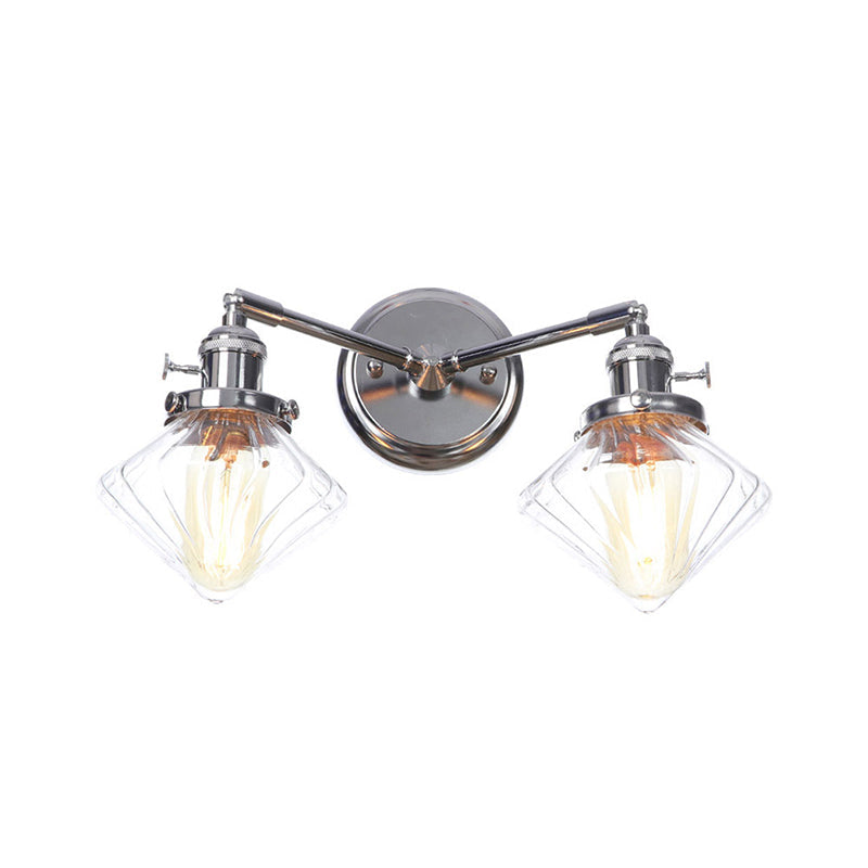Industrial Style Chrome Wall Sconce with Clear Glass Globe/Cone, Wavy Arm - 2 Light Kit for Corridor