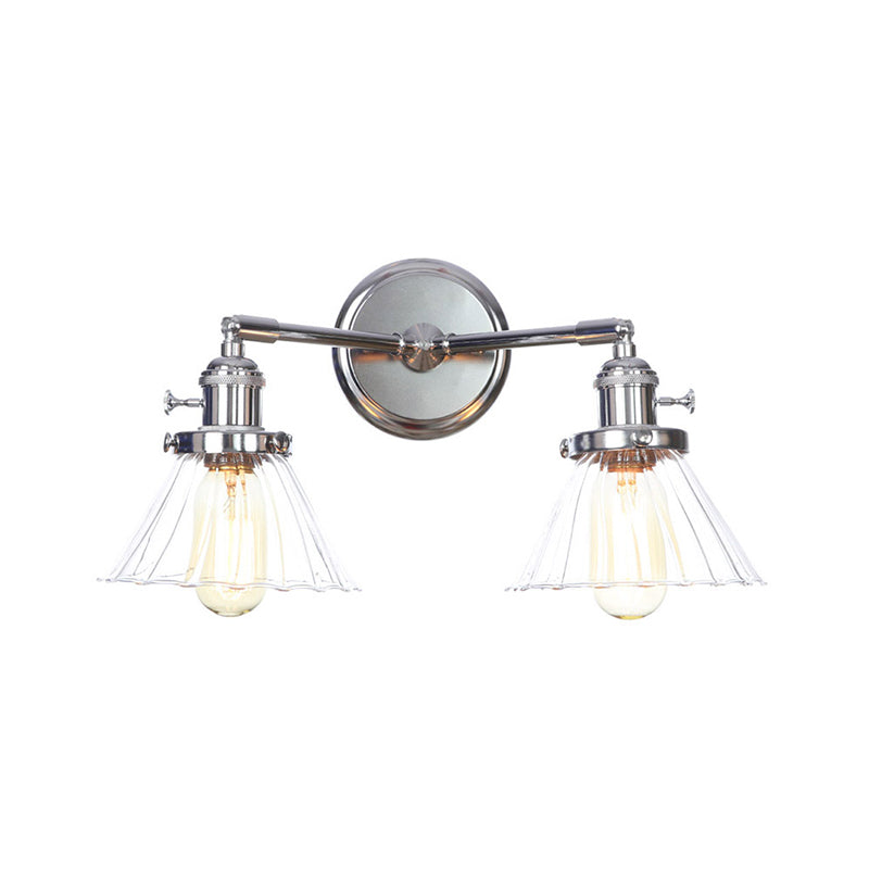 Industrial Style Chrome Wall Sconce with Clear Glass Globe/Cone, Wavy Arm - 2 Light Kit for Corridor