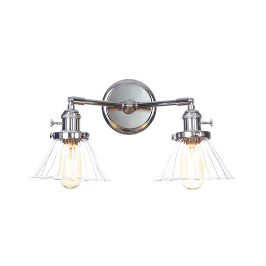 Industrial Style Chrome Wall Sconce with Clear Glass Globe/Cone, Wavy Arm - 2 Light Kit for Corridor