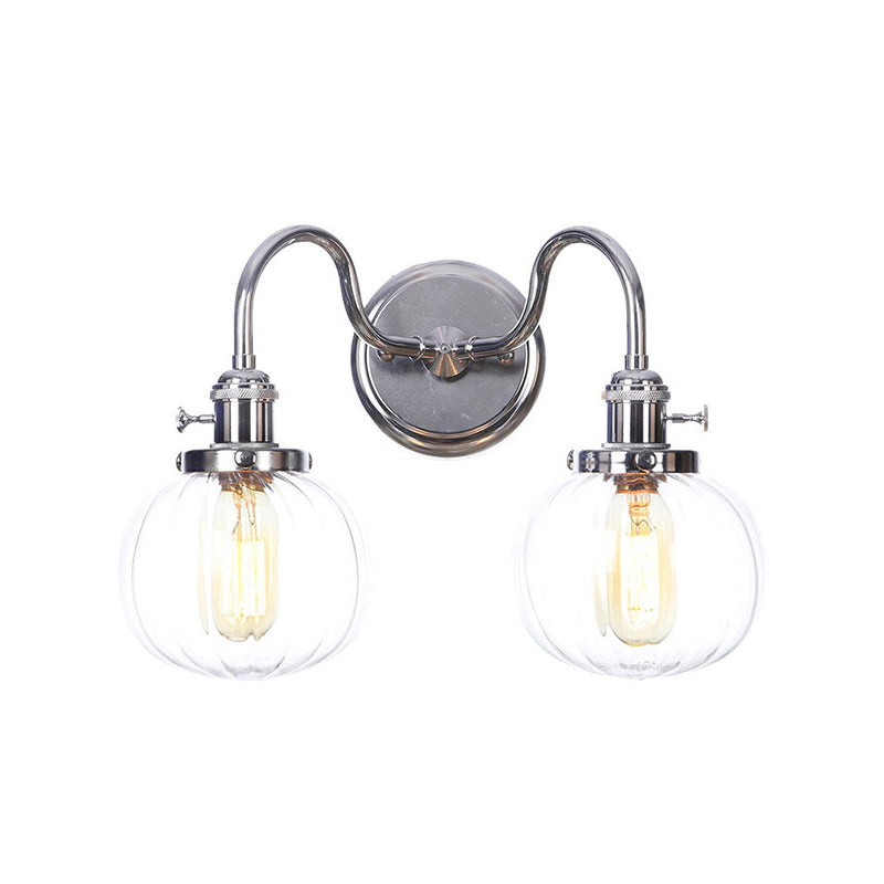 Industrial Style Chrome Wall Sconce with Clear Glass Globe/Cone, Wavy Arm - 2 Light Kit for Corridor