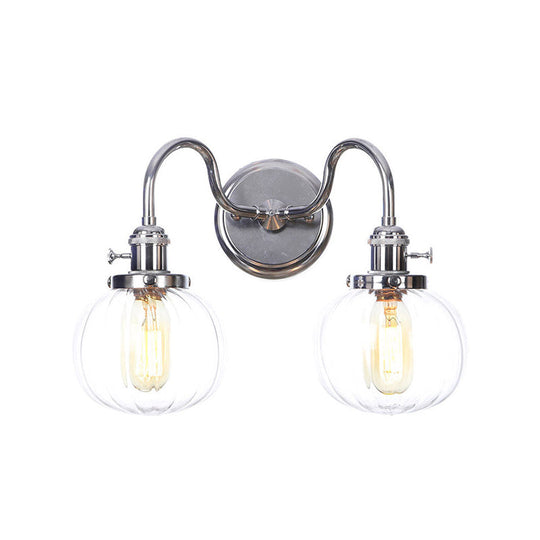 Industrial Style Chrome Wall Sconce with Clear Glass Globe/Cone, Wavy Arm - 2 Light Kit for Corridor