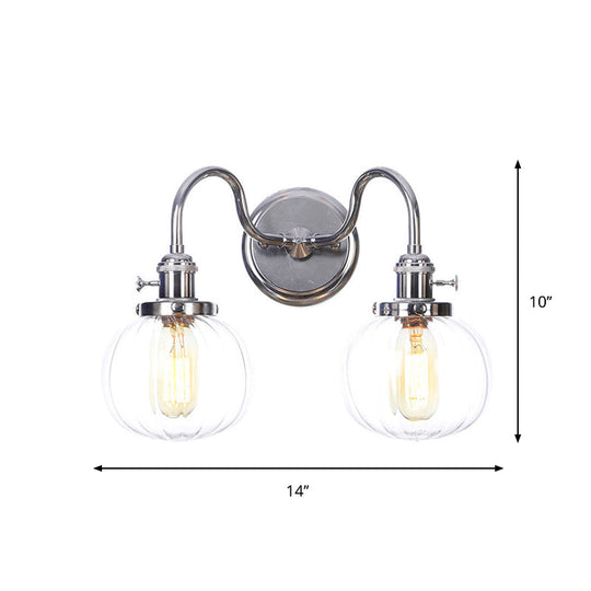 Industrial Style Chrome Wall Sconce with Clear Glass Globe/Cone, Wavy Arm - 2 Light Kit for Corridor