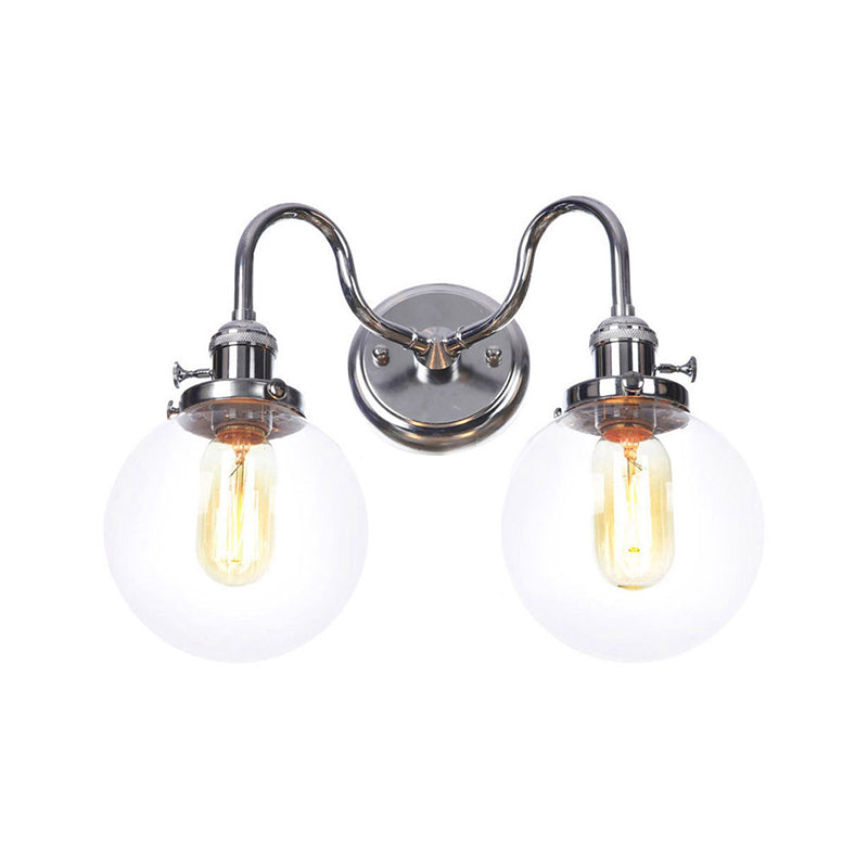 Industrial Style Chrome Wall Sconce with Clear Glass Globe/Cone, Wavy Arm - 2 Light Kit for Corridor