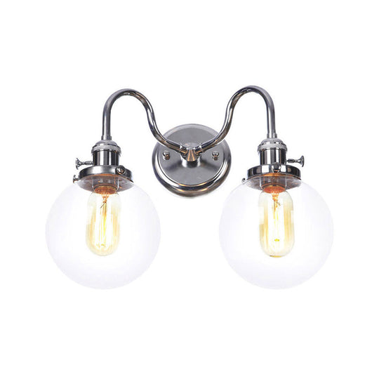 Industrial Style Chrome Wall Sconce with Clear Glass Globe/Cone, Wavy Arm - 2 Light Kit for Corridor
