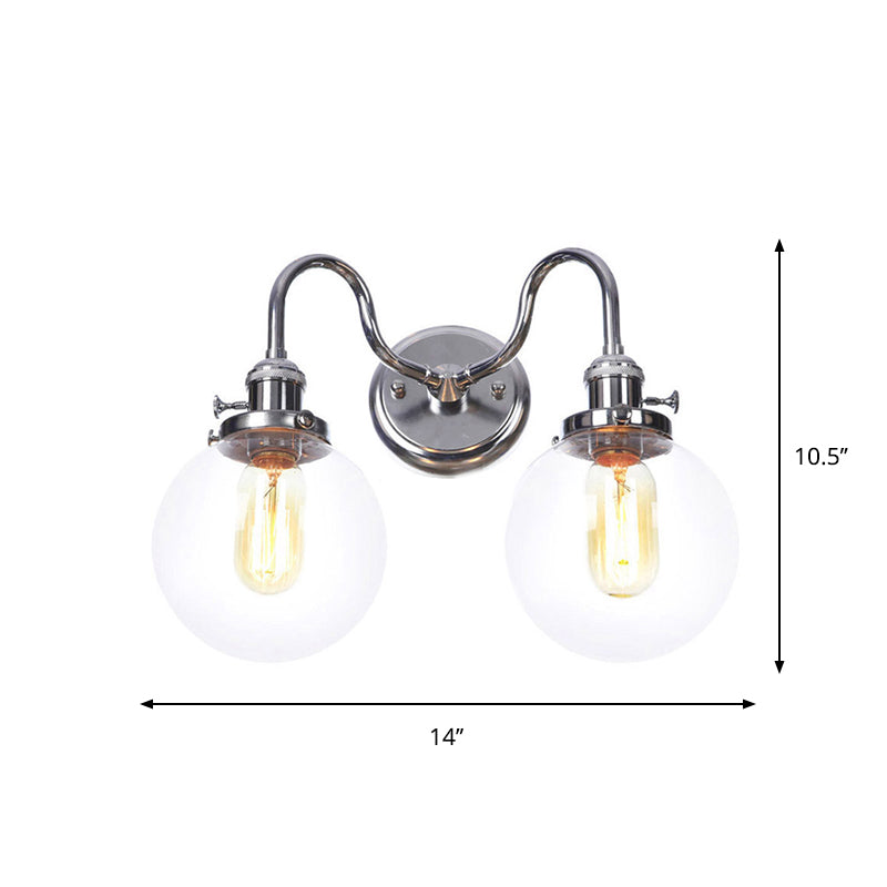 Industrial Style Chrome Wall Sconce with Clear Glass Globe/Cone, Wavy Arm - 2 Light Kit for Corridor