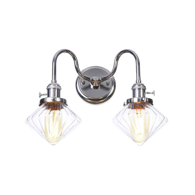 Industrial Style Chrome Wall Sconce with Clear Glass Globe/Cone, Wavy Arm - 2 Light Kit for Corridor