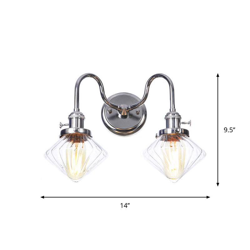 Industrial Style Chrome Wall Sconce with Clear Glass Globe/Cone, Wavy Arm - 2 Light Kit for Corridor