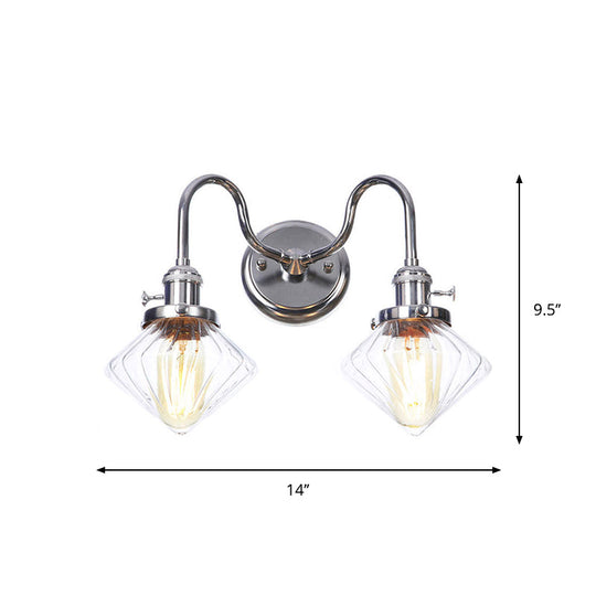 Industrial Style Chrome Wall Sconce with Clear Glass Globe/Cone, Wavy Arm - 2 Light Kit for Corridor