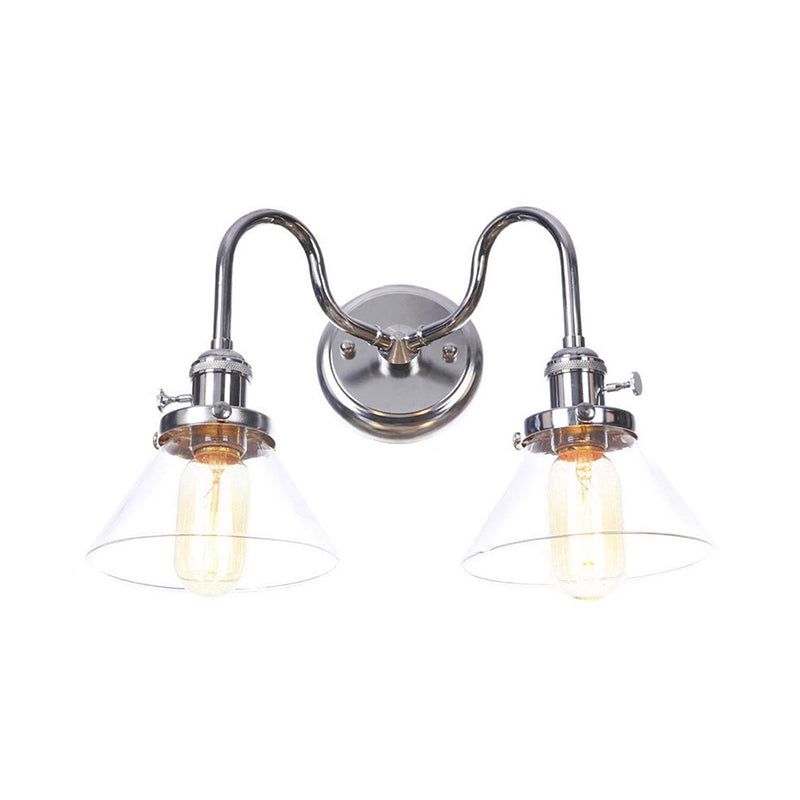 Industrial Style Chrome Wall Sconce with Clear Glass Globe/Cone, Wavy Arm - 2 Light Kit for Corridor
