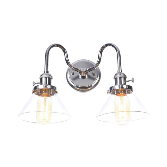 Industrial Style Chrome Wall Sconce with Clear Glass Globe/Cone, Wavy Arm - 2 Light Kit for Corridor