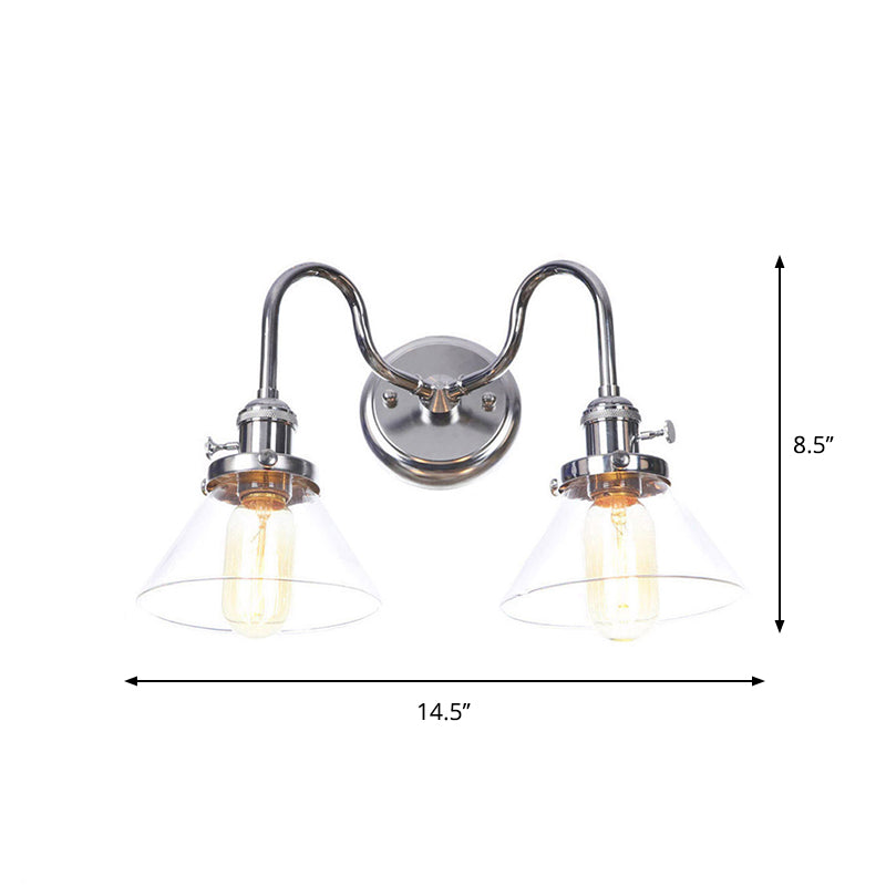 Industrial Style Chrome Wall Sconce with Clear Glass Globe/Cone, Wavy Arm - 2 Light Kit for Corridor