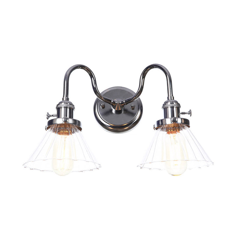 Industrial Style Chrome Wall Sconce with Clear Glass Globe/Cone, Wavy Arm - 2 Light Kit for Corridor