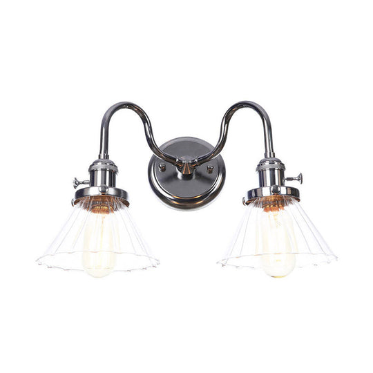 Industrial Style Chrome Wall Sconce with Clear Glass Globe/Cone, Wavy Arm - 2 Light Kit for Corridor