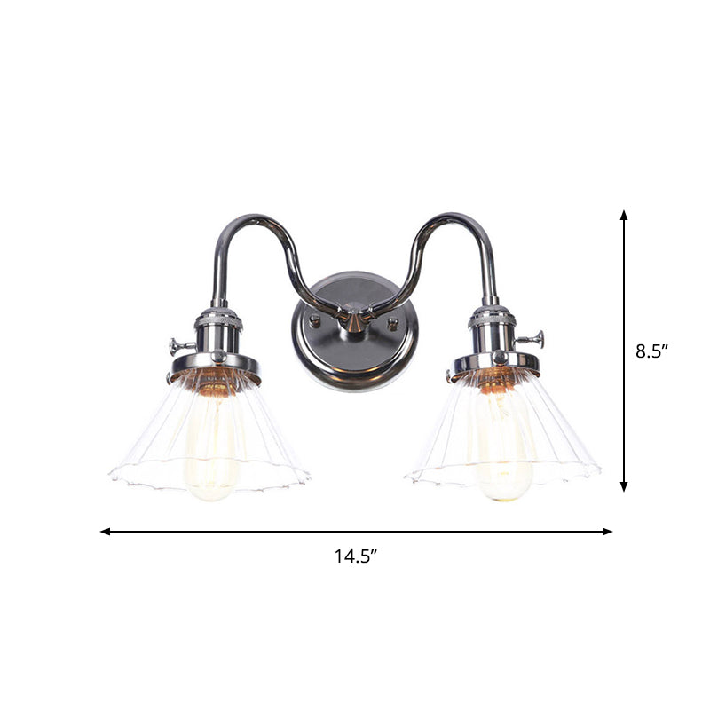 Industrial Style Chrome Wall Sconce with Clear Glass Globe/Cone, Wavy Arm - 2 Light Kit for Corridor