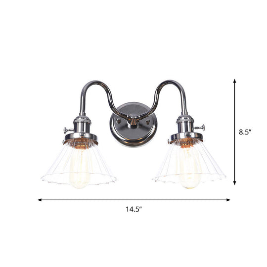 Industrial Style Chrome Wall Sconce with Clear Glass Globe/Cone, Wavy Arm - 2 Light Kit for Corridor