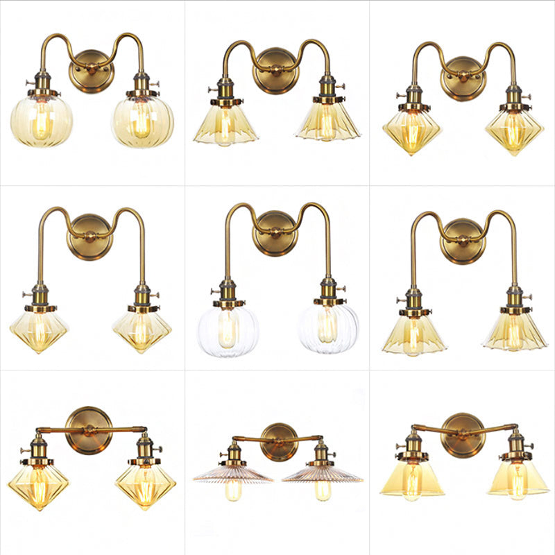 Antiqued Brass Wall Mounted Lamp with Conical/Spherical Shades and Adjustable Arms - 2-Light Fixture for Warehouse or Industrial Spaces