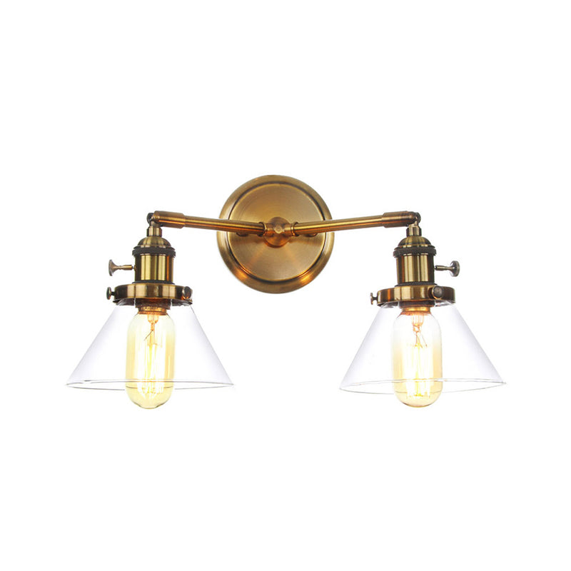 Antiqued Brass Wall Mounted Lamp with Conical/Spherical Shades and Adjustable Arms - 2-Light Fixture for Warehouse or Industrial Spaces