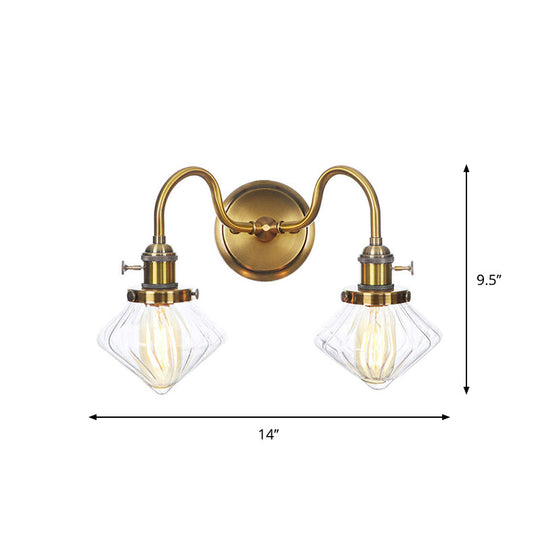 Antiqued Brass Wall Mounted Lamp with Conical/Spherical Shades and Adjustable Arms - 2-Light Fixture for Warehouse or Industrial Spaces