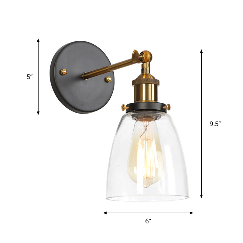 Vintage Clear Glass Bedside Wall Lamp- 1 Bulb Black-Brass Wall Light with Pivot Joint