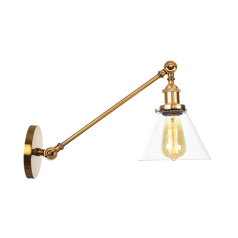 Brass Wall Mounted Clear Glass Sconce Light with Rotating Single-Bulb Saucer/Cone Design & Straight Arm