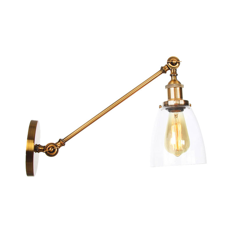 Brass Wall Mounted Clear Glass Sconce Light with Rotating Single-Bulb Saucer/Cone Design & Straight Arm
