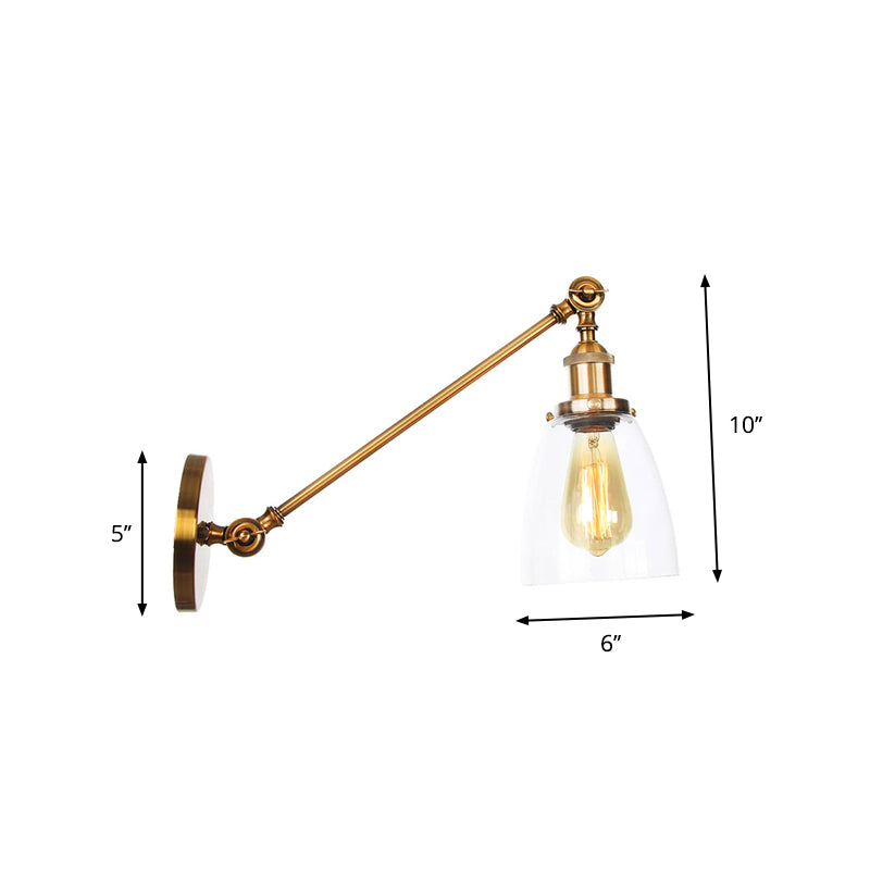 Brass Wall Mounted Clear Glass Sconce Light with Rotating Single-Bulb Saucer/Cone Design & Straight Arm