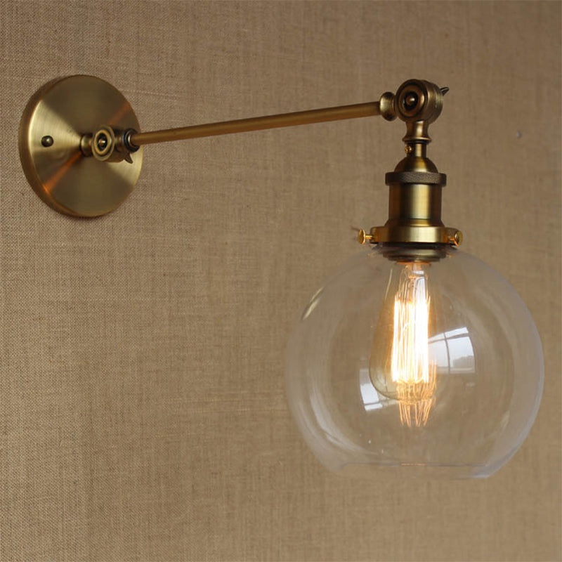 Brass Wall Mounted Clear Glass Sconce Light with Rotating Single-Bulb Saucer/Cone Design & Straight Arm