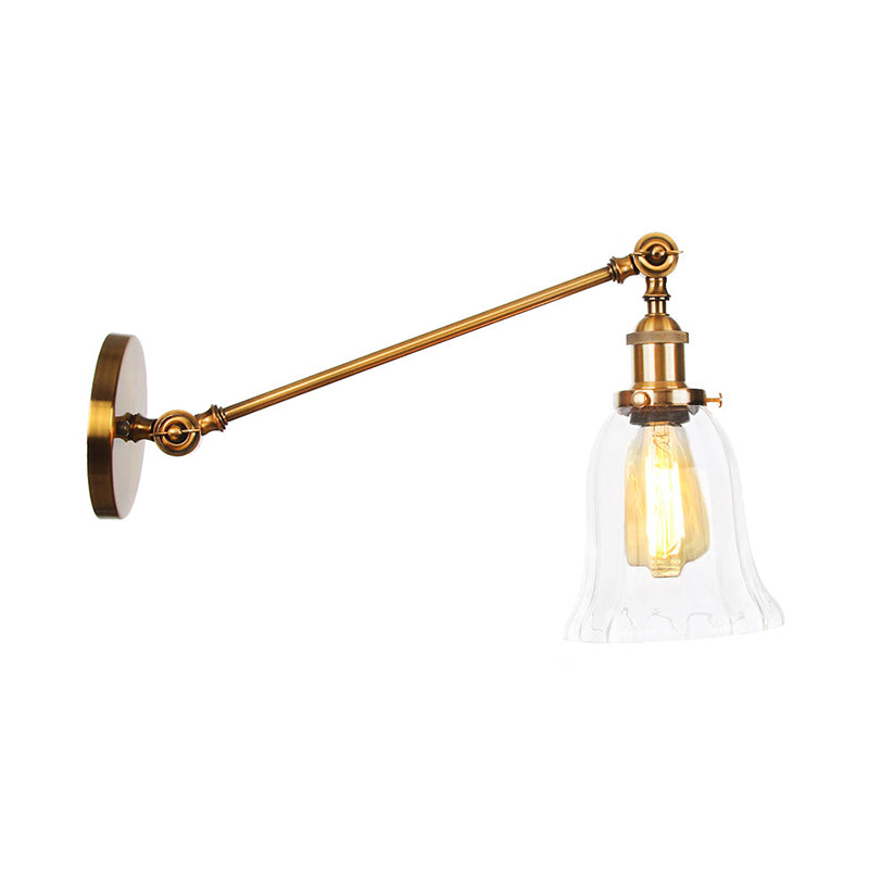 Brass Wall Mounted Clear Glass Sconce Light with Rotating Single-Bulb Saucer/Cone Design & Straight Arm