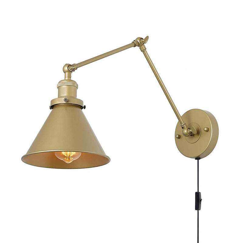 Antique Metallic Conical Bedside Wall Lamp with Swing Arm - Brass Plug-in/Plug-less Wall Mounted Light