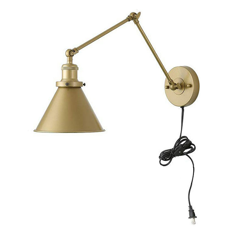 Antique Metallic Conical Bedside Wall Lamp with Swing Arm - Brass Plug-in/Plug-less Wall Mounted Light