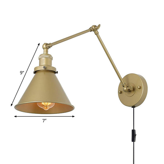 Antique Metallic Conical Bedside Wall Lamp with Swing Arm - Brass Plug-in/Plug-less Wall Mounted Light