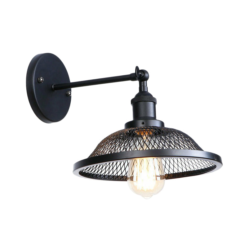 Vintage Adjustable Wall Lamp with Saucer Shade and Mesh Cage Design in Black