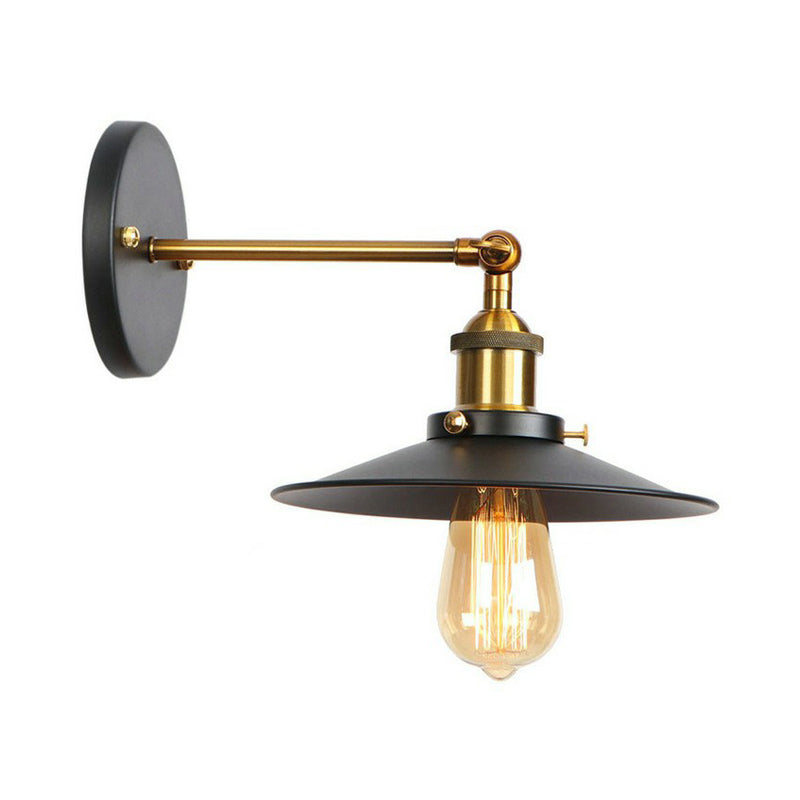 Industrial Metal Rotatable Wall Lamp in Black with Brass Arm and Open Bulb Design