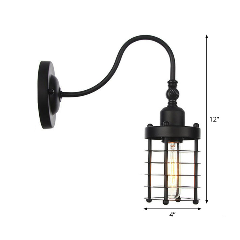 Black Iron Gooseneck Wall Lamp - Single Factory Wall Mounted Lighting Fixture with 3 Cage Options: Tube, Ball, Diamond