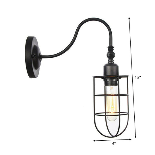 Black Iron Gooseneck Wall Lamp - Single Factory Wall Mounted Lighting Fixture with 3 Cage Options: Tube, Ball, Diamond