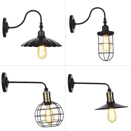 Rustic 1-Light Iron Wall Lamp Fixture in Black for Dining Room - Bell/Sphere Cage/Flared Wall Light