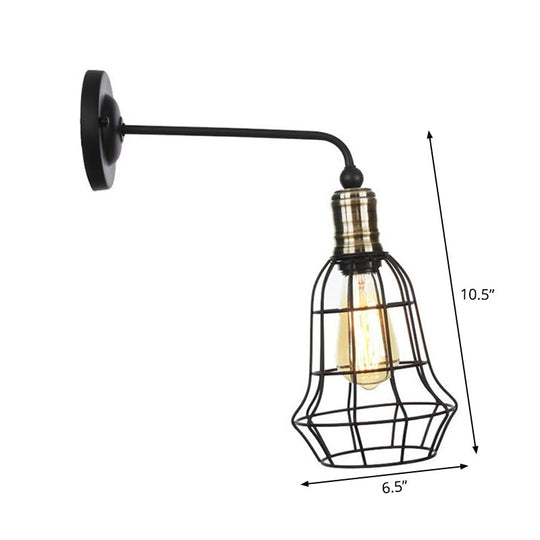 Rustic 1-Light Iron Wall Lamp Fixture in Black for Dining Room - Bell/Sphere Cage/Flared Wall Light
