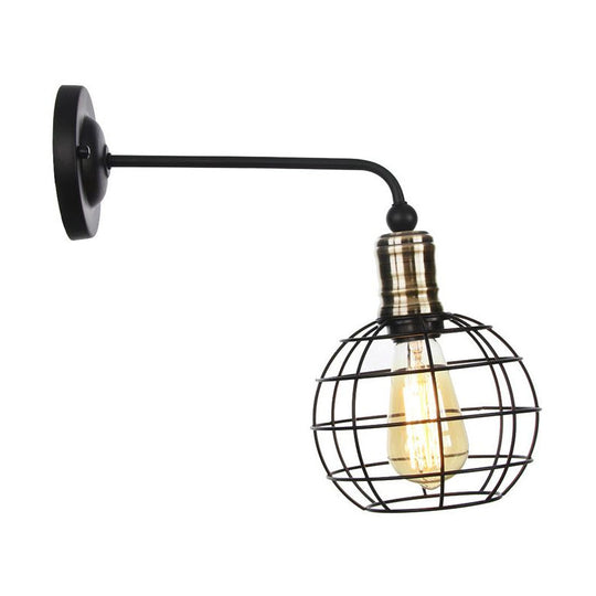 Rustic 1-Light Iron Wall Lamp Fixture in Black for Dining Room - Bell/Sphere Cage/Flared Wall Light
