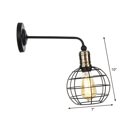 Rustic 1-Light Iron Wall Lamp Fixture in Black for Dining Room - Bell/Sphere Cage/Flared Wall Light