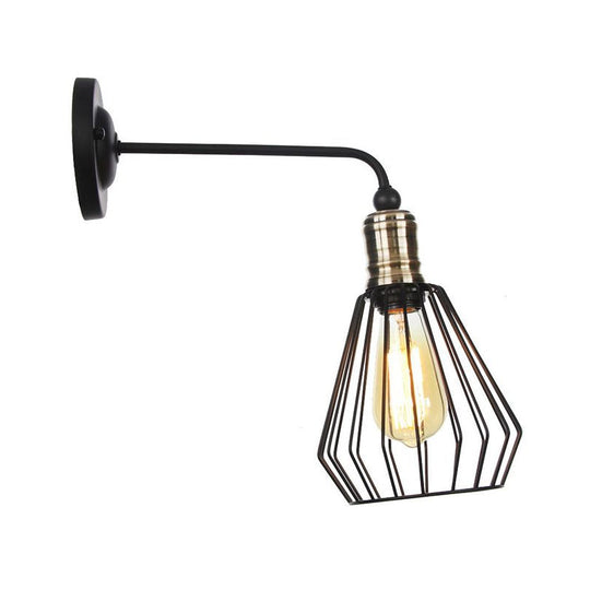 Rustic 1-Light Iron Wall Lamp Fixture in Black for Dining Room - Bell/Sphere Cage/Flared Wall Light