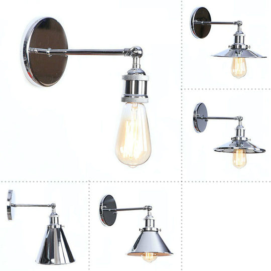 Industrial Iron Swivel Wall Lamp with Chrome Finish - 1-Light Cone/Saucer/Shadeless Design for Reading