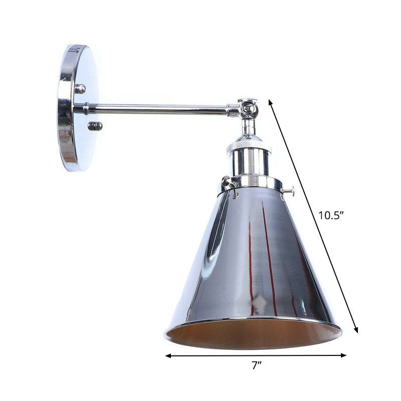 Industrial Iron Swivel Wall Lamp with Chrome Finish - 1-Light Cone/Saucer/Shadeless Design for Reading