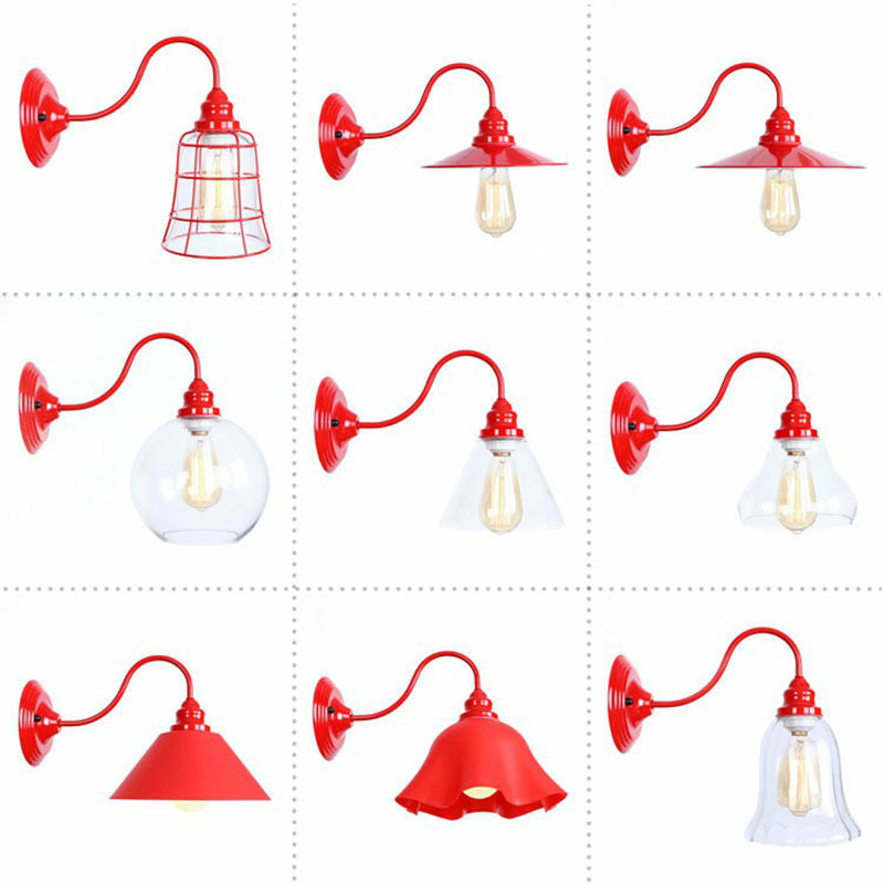 Vintage Red Gooseneck Wall Lamp: Retro Metal Bedside Fixture with Ruffle/Cone Shade/Cage