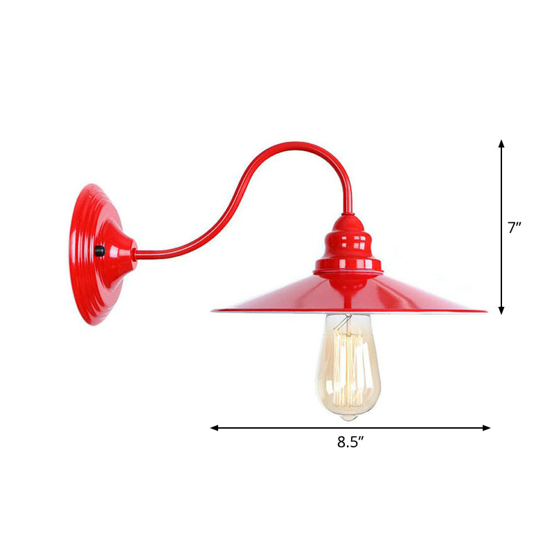 Vintage Red Gooseneck Wall Lamp: Retro Metal Bedside Fixture with Ruffle/Cone Shade/Cage