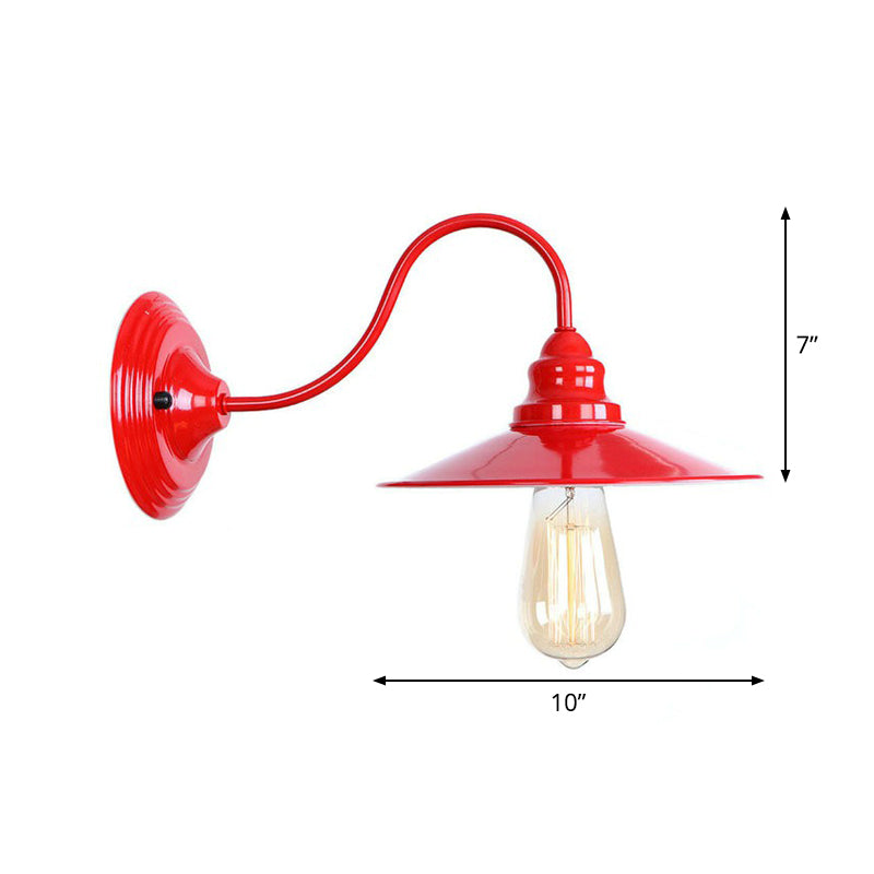 Vintage Red Gooseneck Wall Lamp: Retro Metal Bedside Fixture with Ruffle/Cone Shade/Cage