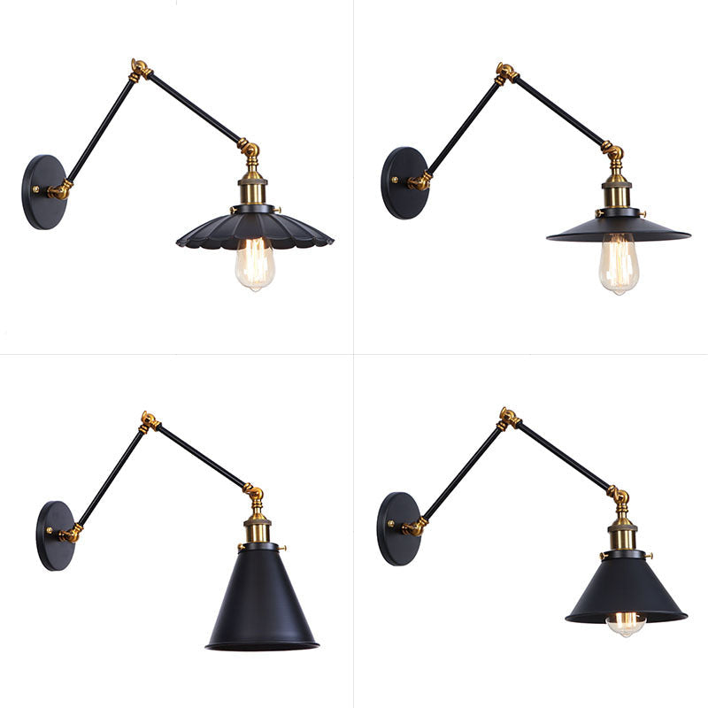 Industrial Metal Wall Reading Lamp with Flared Cone Design and Swing Arm - 1 Bulb - Black-Brass Lighting
