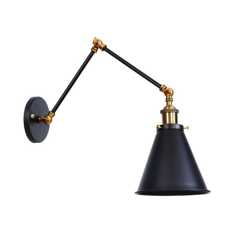 Industrial Metal Wall Reading Lamp with Flared Cone Design and Swing Arm - 1 Bulb - Black-Brass Lighting
