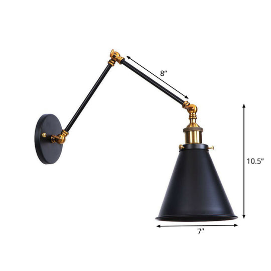 Industrial Metal Wall Reading Lamp with Flared Cone Design and Swing Arm - 1 Bulb - Black-Brass Lighting
