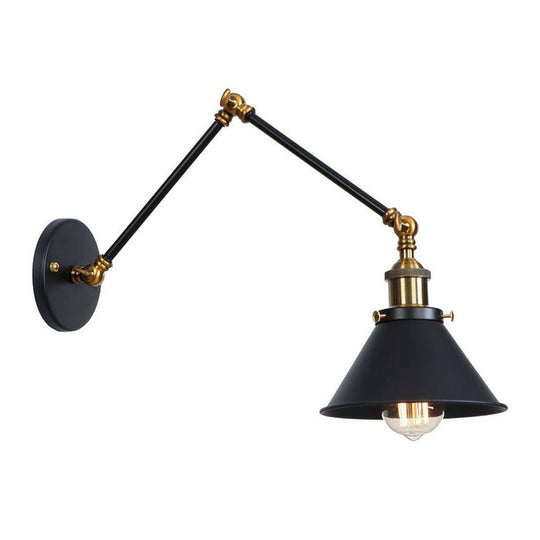 Industrial Metal Wall Reading Lamp with Flared Cone Design and Swing Arm - 1 Bulb - Black-Brass Lighting